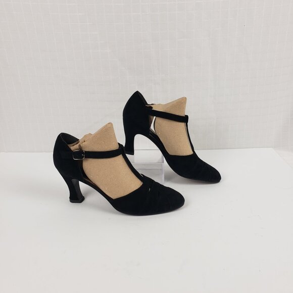 Stuart Weitzman Sz 7 Black TStrap Heels for Neiman Marcus Slits 3" Suede Shoes - Picture 1 of 16